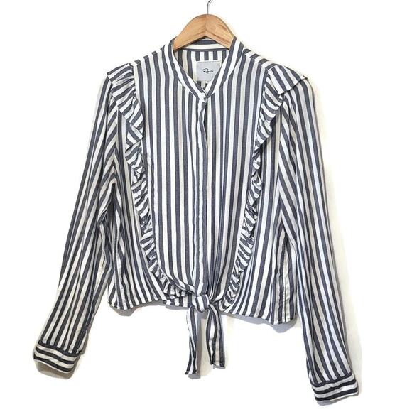 Rails Blue White Stripe Ruffle Tie Waist Long Sleeve Button Down Shirt M Chic - Picture 7 of 16